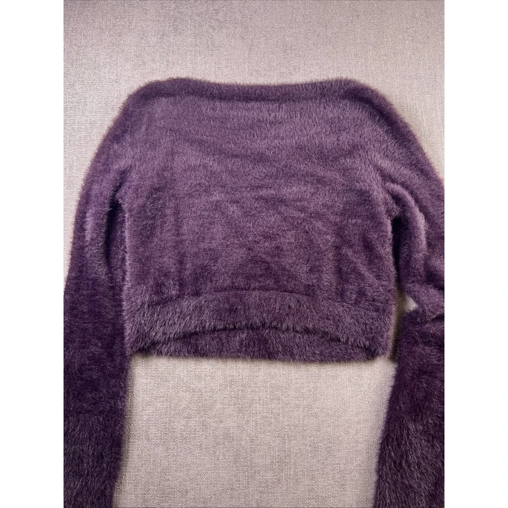 Natural Life Fuzzy Cropped Sweater‎ Boat Neck Long Sleeve Womens L Plum Purple